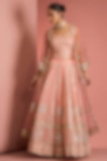 Peach Viscose Georgette Applique Work Wedding Sharara Set by Milu Madan at Pernia's Pop Up Shop
