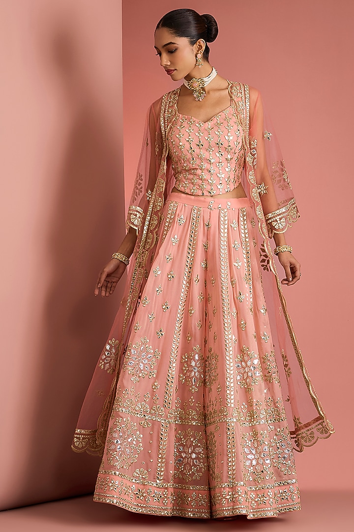 Peach Viscose Georgette Applique Work Wedding Sharara Set by Milu Madan at Pernia's Pop Up Shop