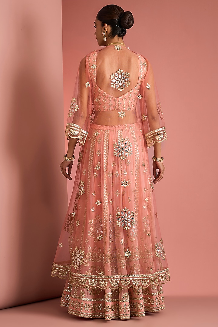 Peach Viscose Georgette Applique Work Wedding Sharara Set by Milu Madan at Pernia's Pop Up Shop