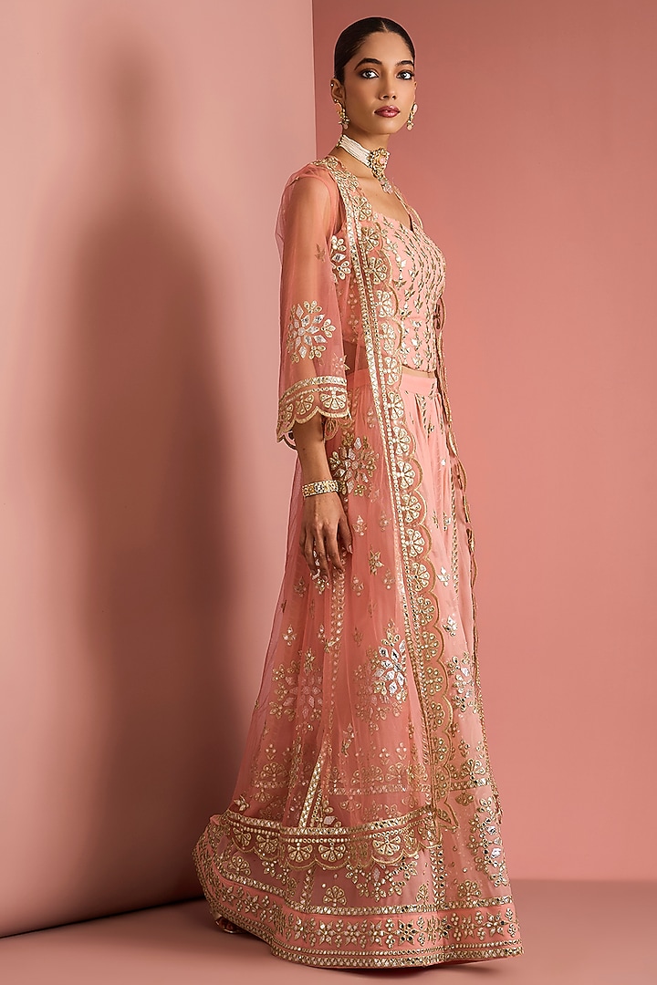 Peach Viscose Georgette Applique Work Wedding Sharara Set by Milu Madan at Pernia's Pop Up Shop