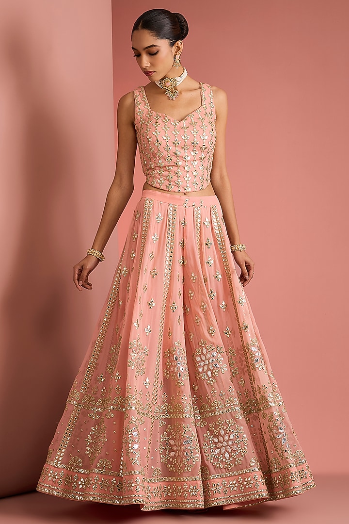 Peach Viscose Georgette Applique Work Wedding Sharara Set by Milu Madan at Pernia's Pop Up Shop