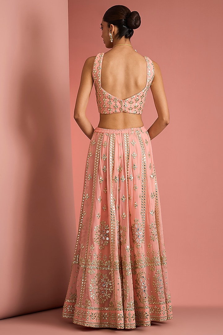 Peach Viscose Georgette Applique Work Wedding Sharara Set by Milu Madan at Pernia's Pop Up Shop