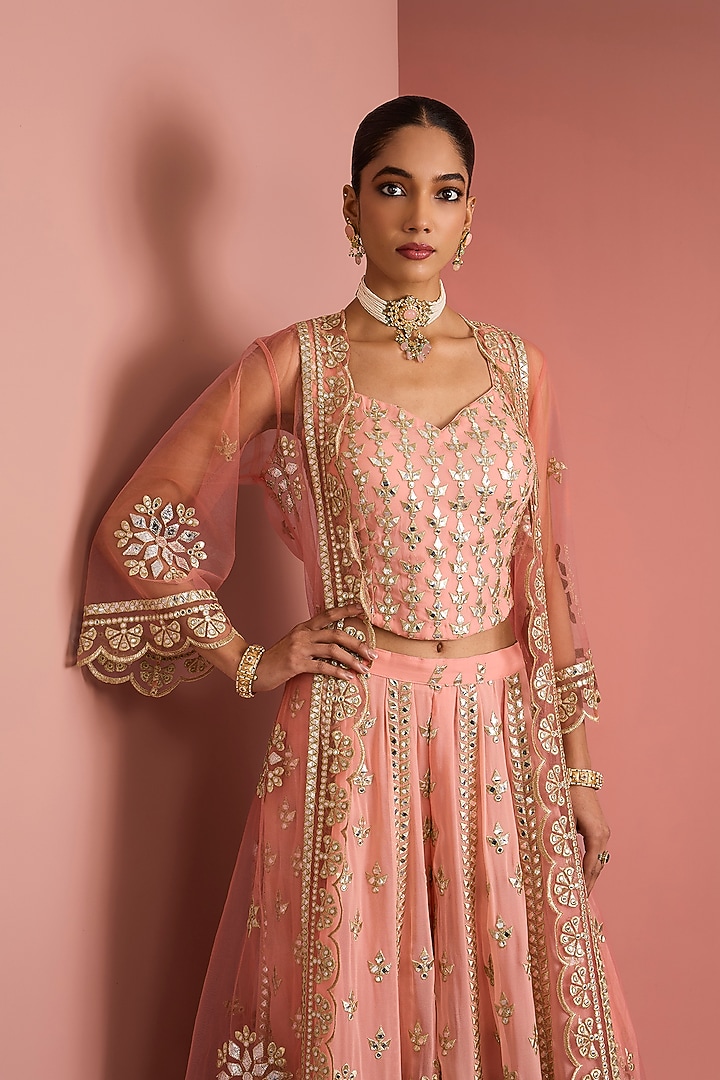 Peach Viscose Georgette Applique Work Wedding Sharara Set by Milu Madan at Pernia's Pop Up Shop