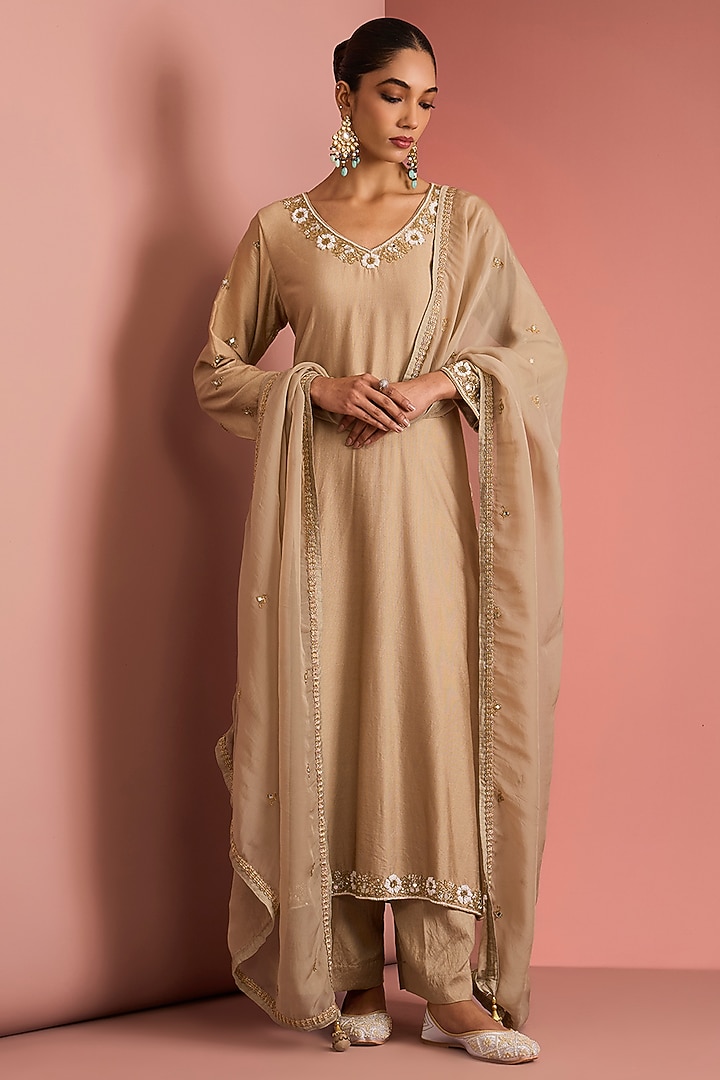 Beige Viscose Katan Cutdana Embroidered Kurta set by Milu Madan at Pernia's Pop Up Shop