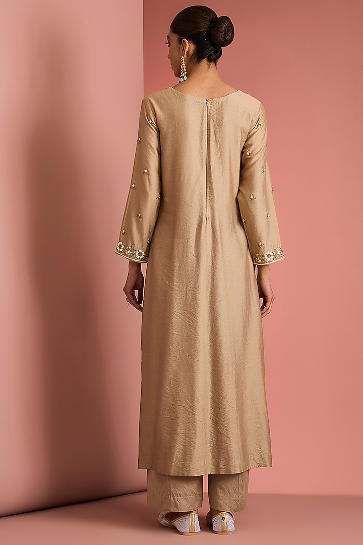 Beige Viscose Katan Cutdana Embroidered Kurta set by Milu Madan at Pernia's Pop Up Shop