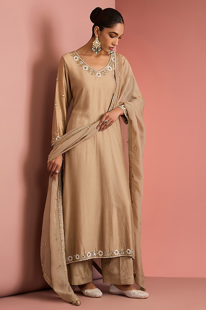 Beige Viscose Katan Cutdana Embroidered Kurta set by Milu Madan at Pernia's Pop Up Shop