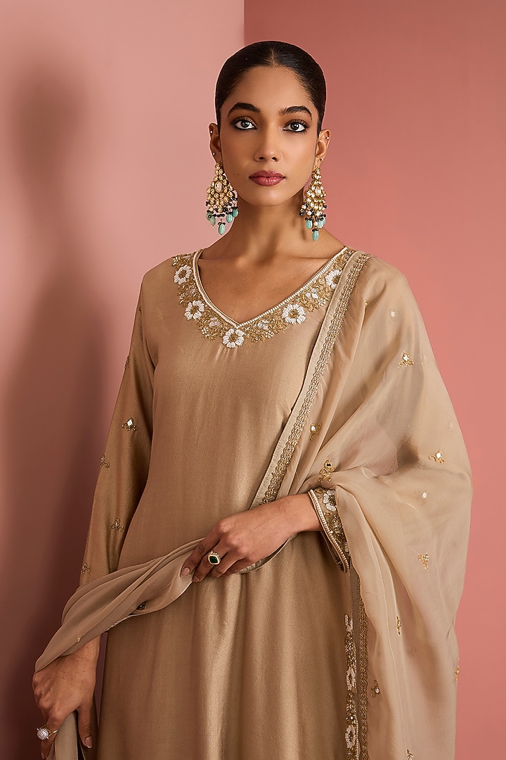 Beige Viscose Katan Cutdana Embroidered Kurta set by Milu Madan at Pernia's Pop Up Shop