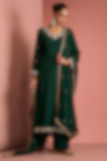 Dark Green Viscose Katan Cutdana Embroidered Kurta set by Milu Madan at Pernia's Pop Up Shop