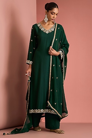 Dark Green Viscose Katan Cutdana Embroidered Kurta set by Milu Madan