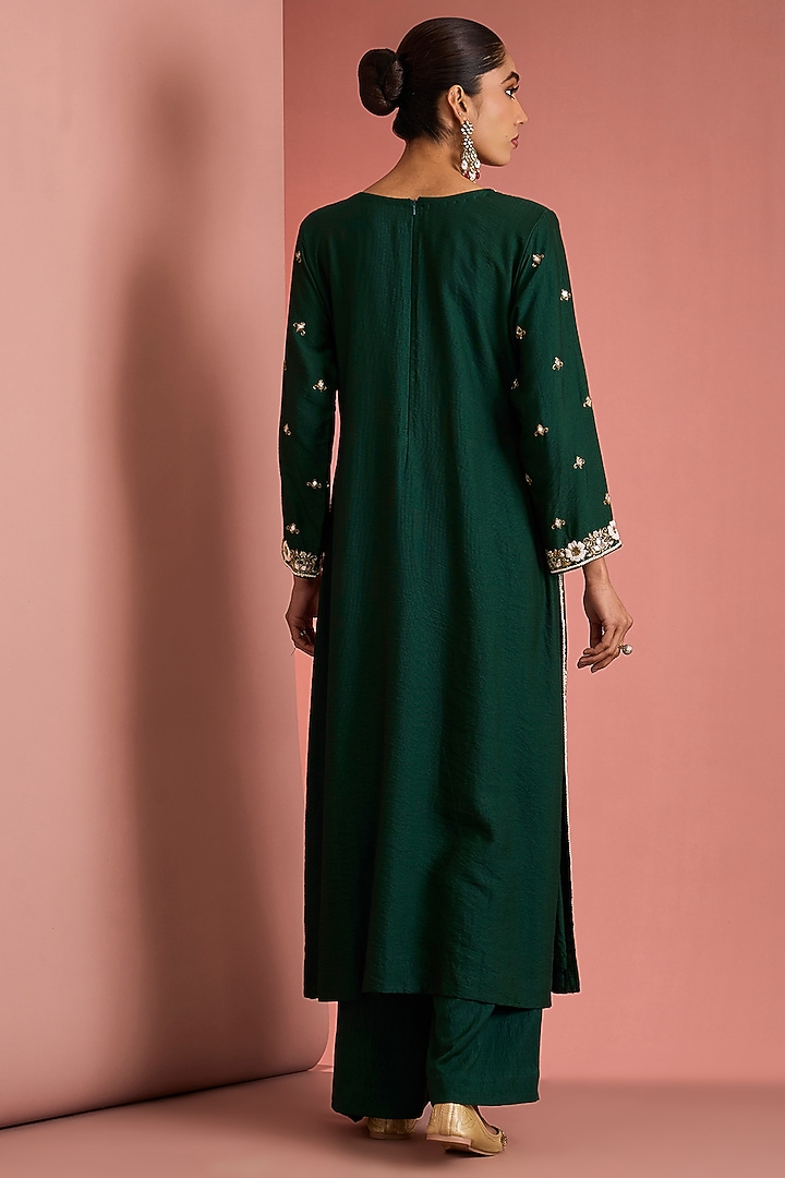 Dark Green Viscose Katan Cutdana Embroidered Kurta set by Milu Madan at Pernia's Pop Up Shop