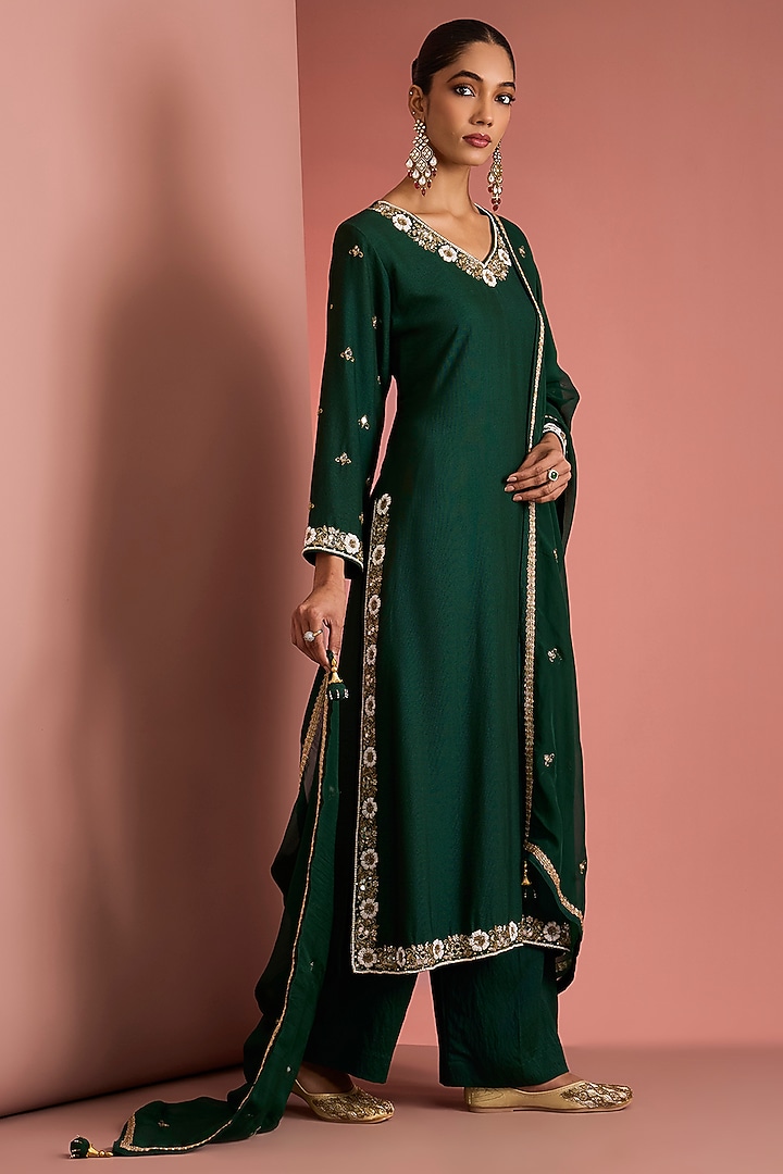 Dark Green Viscose Katan Cutdana Embroidered Kurta set by Milu Madan at Pernia's Pop Up Shop