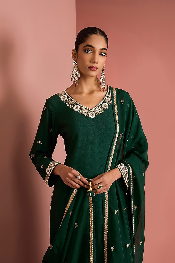 Dark Green Viscose Katan Cutdana Embroidered Kurta set by Milu Madan at Pernia's Pop Up Shop