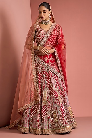 Red Viscose Silk Hand Embroidered Lehenga Set by Milu Madan