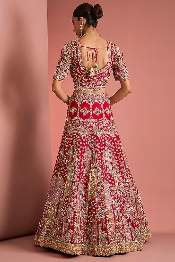 Red Viscose Silk Hand Embroidered Bridal Lehenga Set by Milu Madan at Pernia's Pop Up Shop