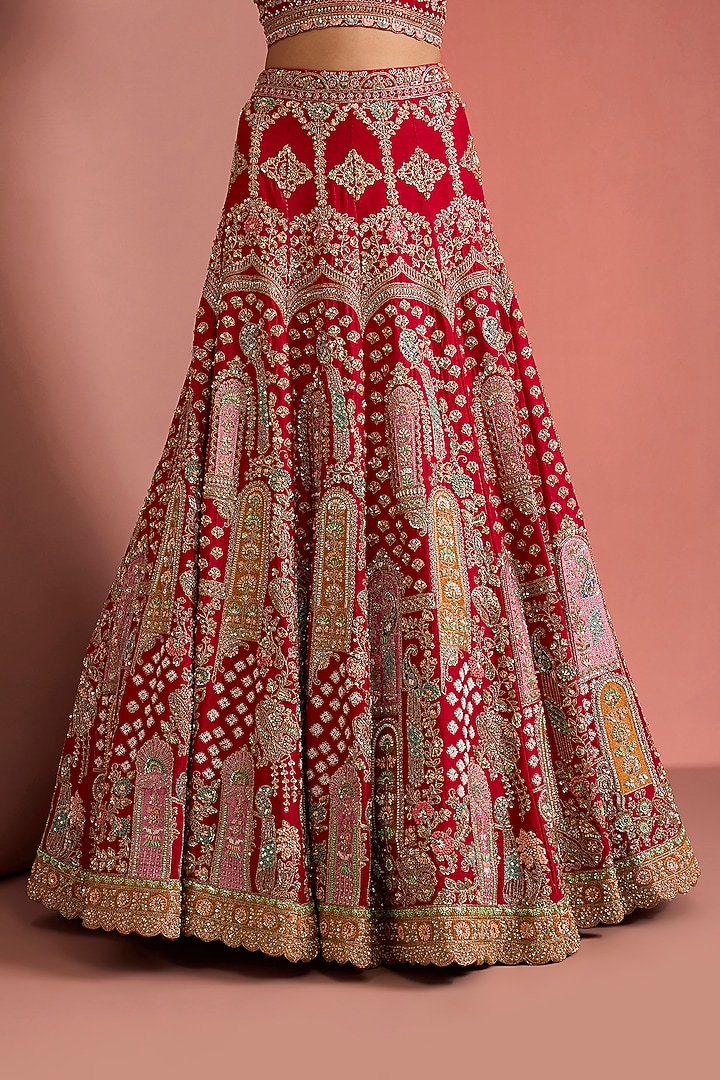 Red Viscose Silk Hand Embroidered Bridal Lehenga Set by Milu Madan at Pernia's Pop Up Shop