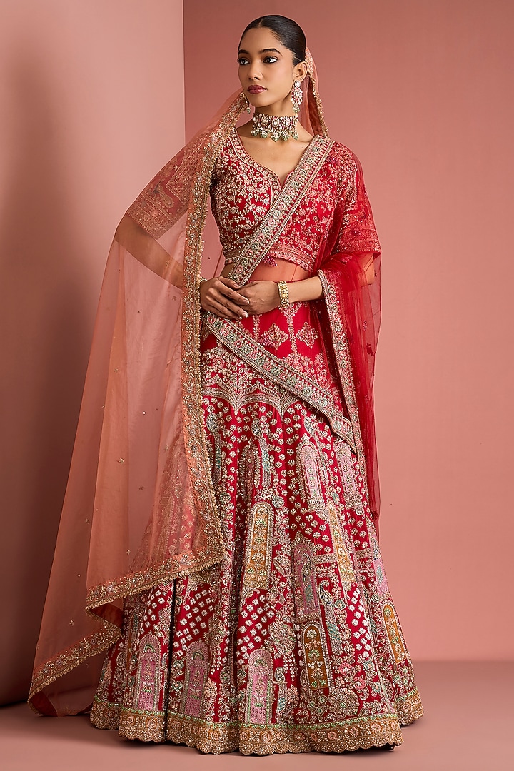 Red Viscose Silk Hand Embroidered Bridal Lehenga Set by Milu Madan at Pernia's Pop Up Shop