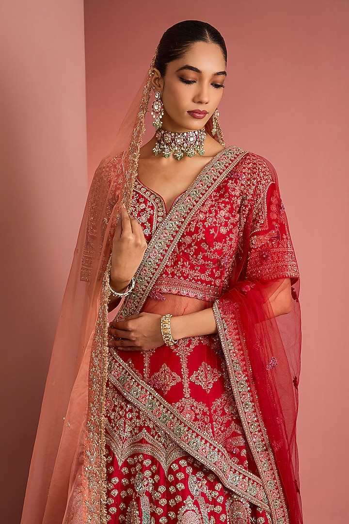 Red Viscose Silk Hand Embroidered Bridal Lehenga Set by Milu Madan at Pernia's Pop Up Shop