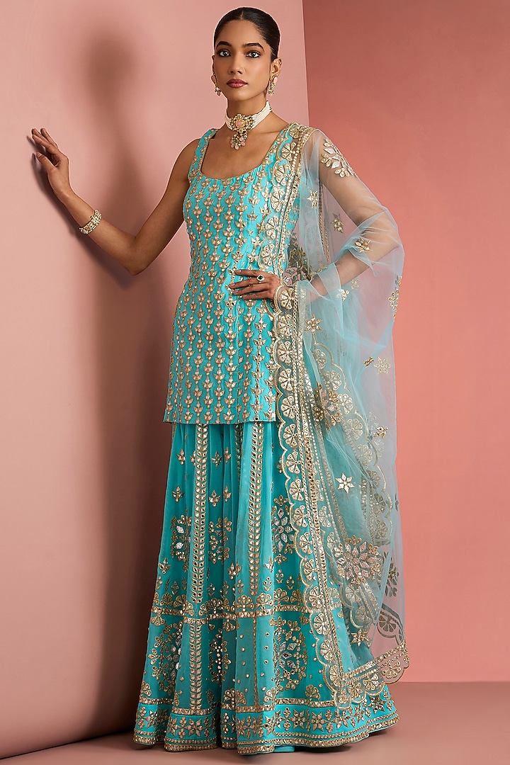 Light Blue Viscose Georgette Gota Applique Work Wedding Sharara Set by Milu Madan at Pernia's Pop Up Shop