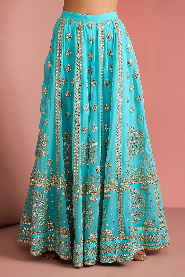 Light Blue Viscose Georgette Gota Applique Work Wedding Sharara Set by Milu Madan at Pernia's Pop Up Shop