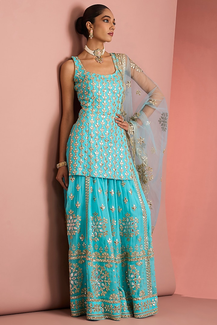 Light Blue Viscose Georgette Gota Applique Work Wedding Sharara Set by Milu Madan at Pernia's Pop Up Shop