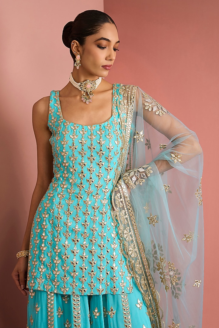 Light Blue Viscose Georgette Gota Applique Work Wedding Sharara Set by Milu Madan at Pernia's Pop Up Shop