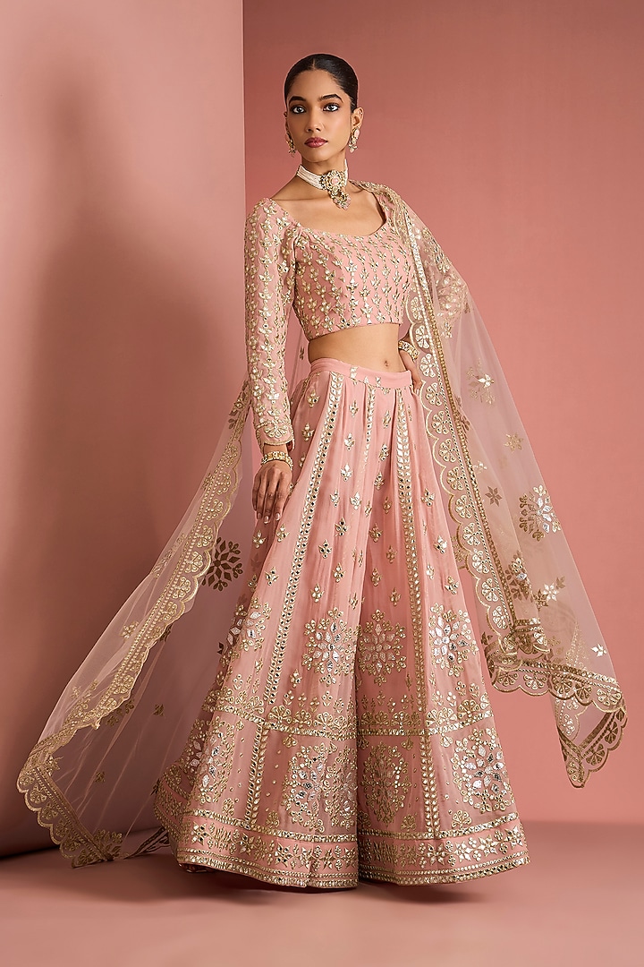 Pink Viscose Georgette Gota Applique Work Wedding Sharara Set by Milu Madan at Pernia's Pop Up Shop