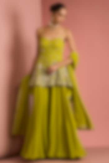 Lime Green Viscose Georgette Party Wear Sharara Set by Milu Madan at Pernia's Pop Up Shop