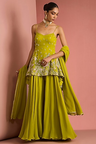 Lime Green Viscose Georgette Sharara Set by Milu Madan