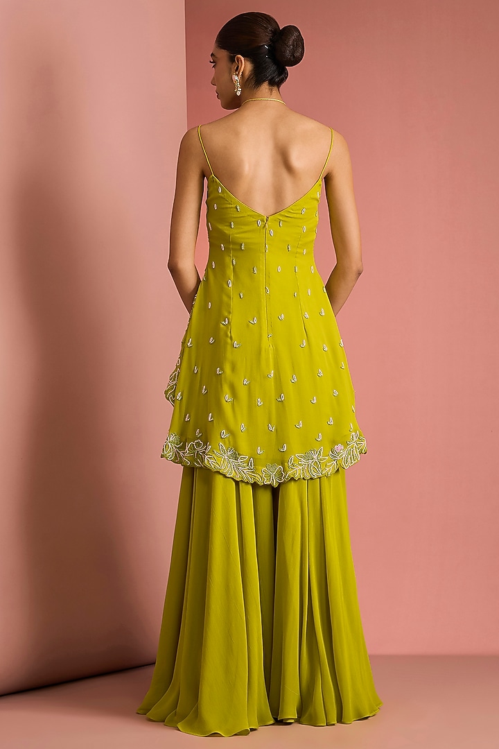 Lime Green Viscose Georgette Party Wear Sharara Set by Milu Madan at Pernia's Pop Up Shop
