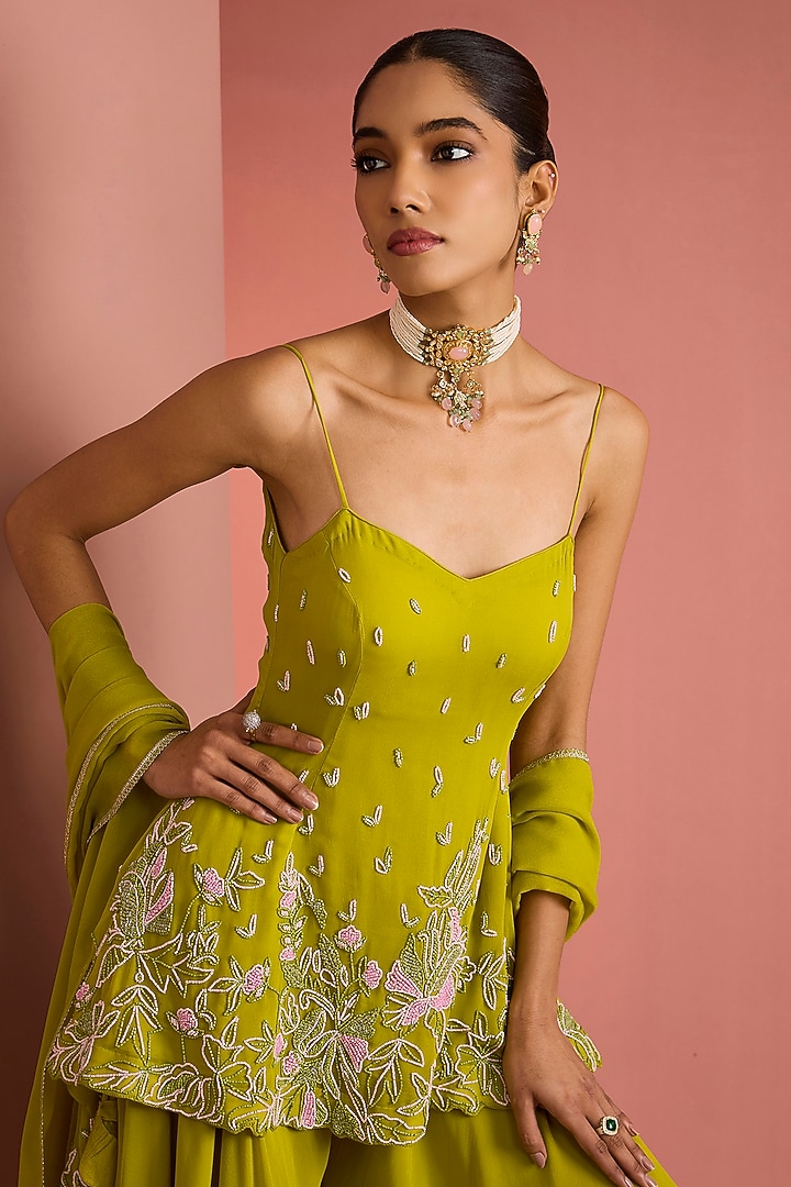 Lime Green Viscose Georgette Party Wear Sharara Set by Milu Madan at Pernia's Pop Up Shop