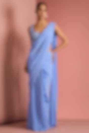 Blue Viscose Crepe Draped Party Wear Saree Set by Milu Madan at Pernia's Pop Up Shop