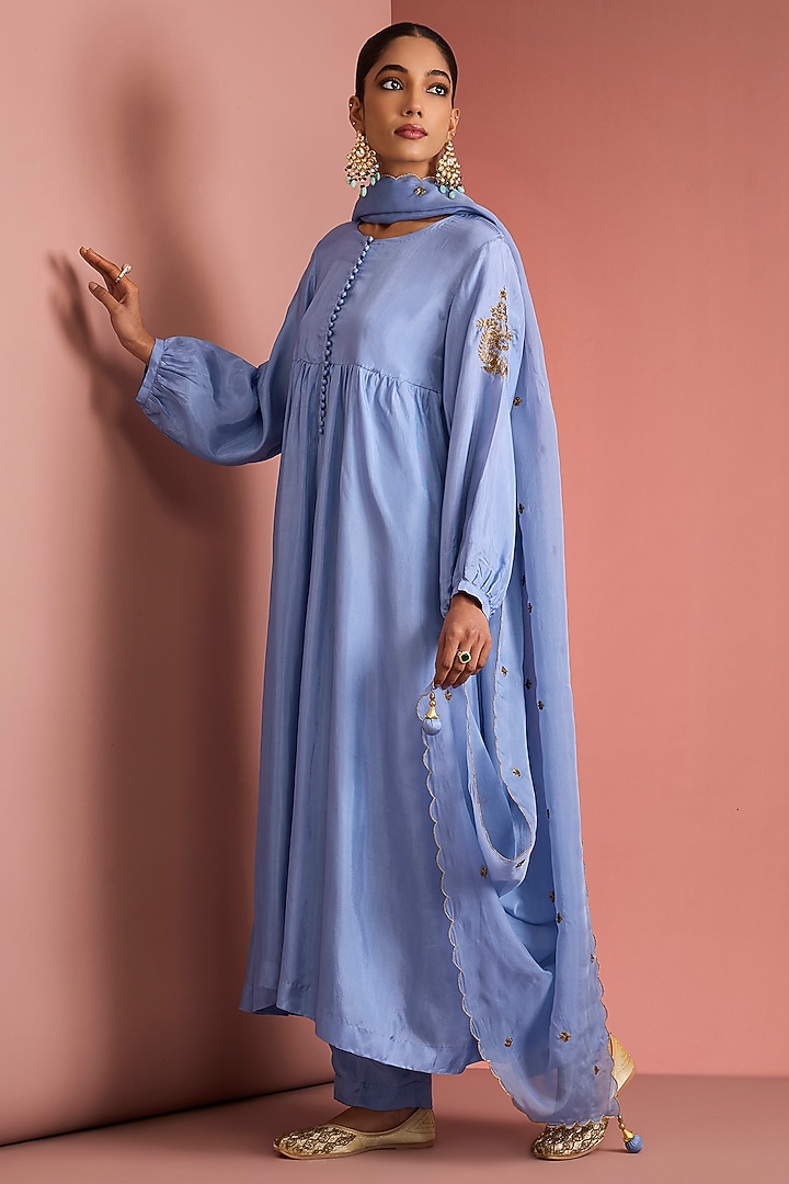 Blue Opara Silk Motifs Handwork Kurta Set by Milu Madan at Pernia's Pop Up Shop