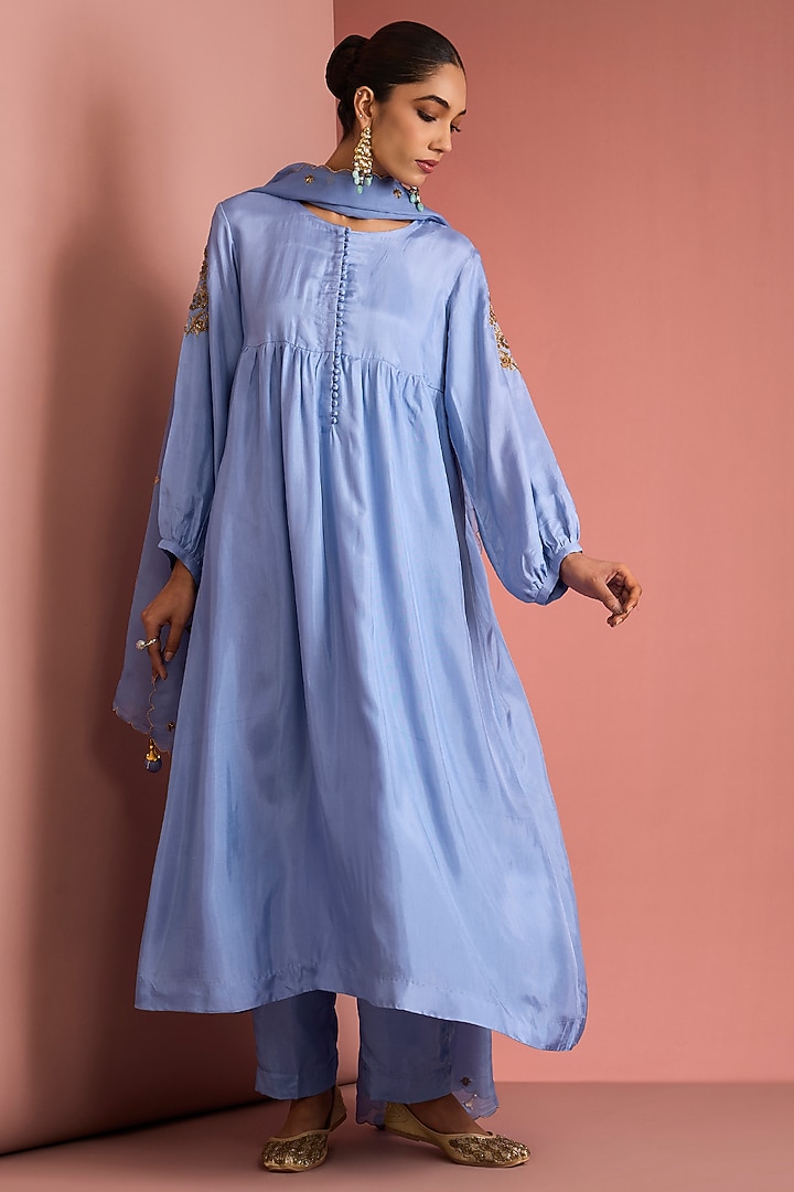 Blue Opara Silk Motifs Handwork Kurta Set by Milu Madan at Pernia's Pop Up Shop