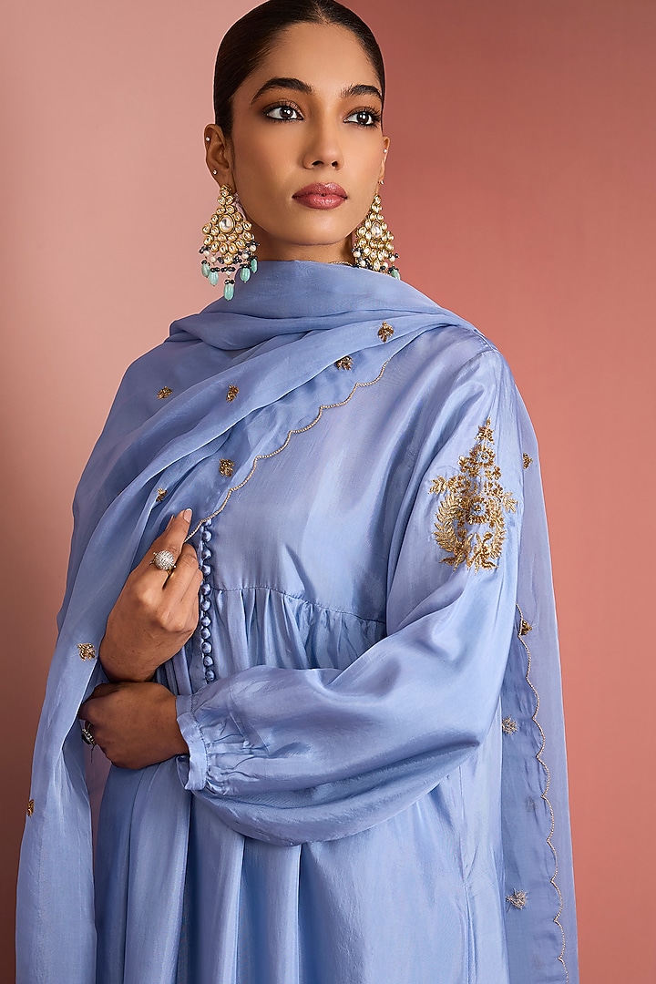 Blue Opara Silk Motifs Handwork Kurta Set by Milu Madan at Pernia's Pop Up Shop