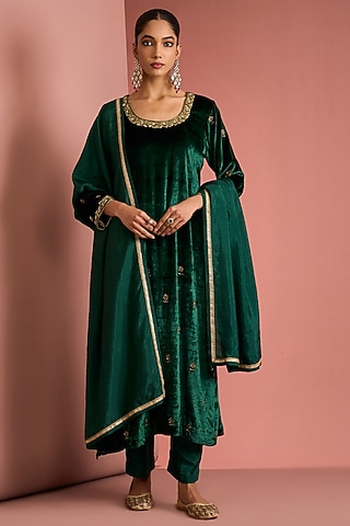Dark Green Viscose Velvet Hand Embroidered Kurta set by Milu Madan