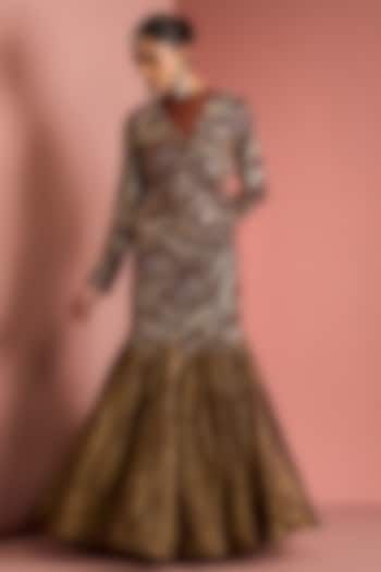 Dark Brown Pure Tissue Fish-Cut Skirt Set by Milu Madan at Pernia's Pop Up Shop