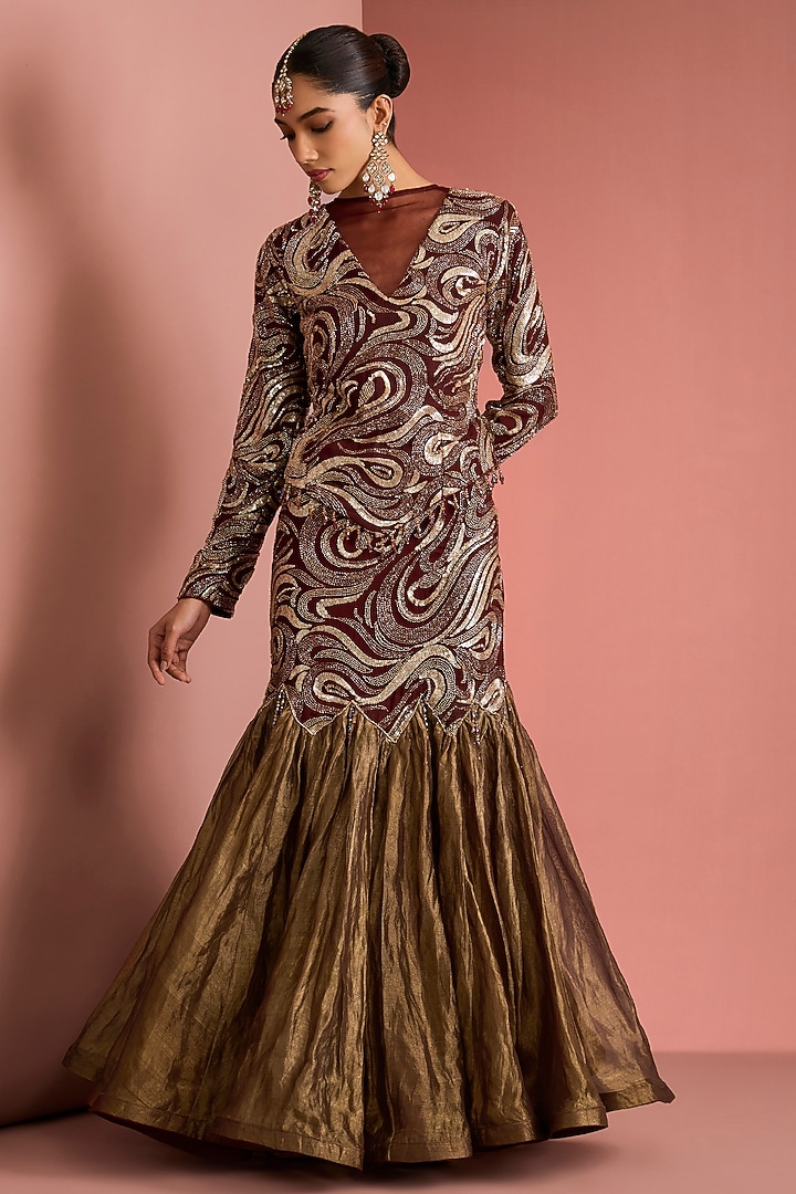 Dark Brown Pure Tissue Fish-Cut Skirt Set by Milu Madan at Pernia's Pop Up Shop
