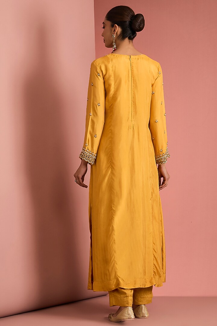 Mustard Yellow Opara Silk Cutdana Hand Embroidered Kurta Set by Milu Madan at Pernia's Pop Up Shop