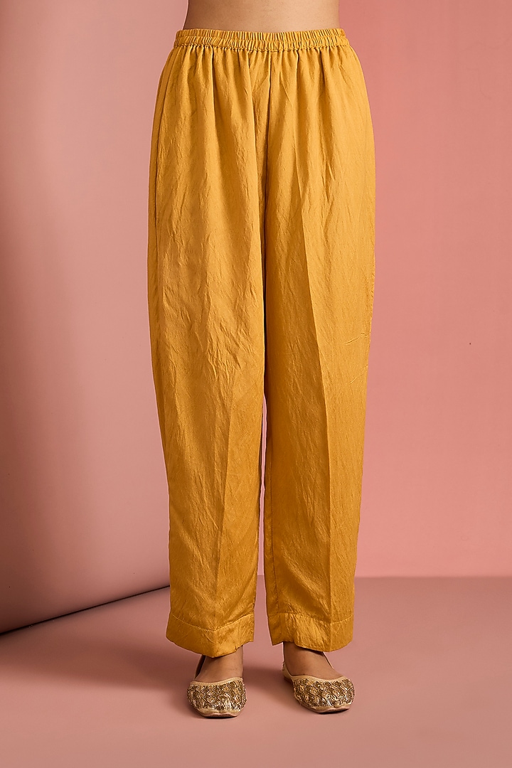 Mustard Yellow Opara Silk Cutdana Hand Embroidered Kurta Set by Milu Madan at Pernia's Pop Up Shop