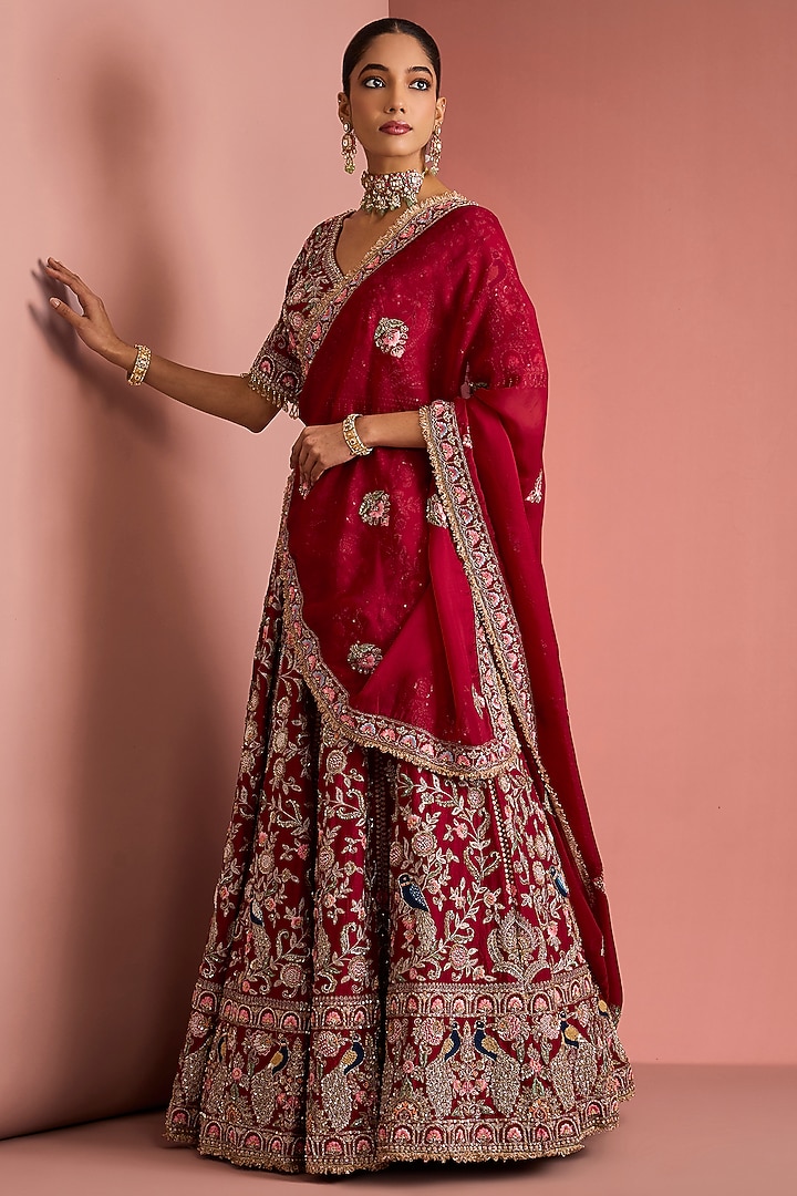 Maroon Viscose Silk Zardosi Embroidered Bridal Lehenga Set by Milu Madan at Pernia's Pop Up Shop