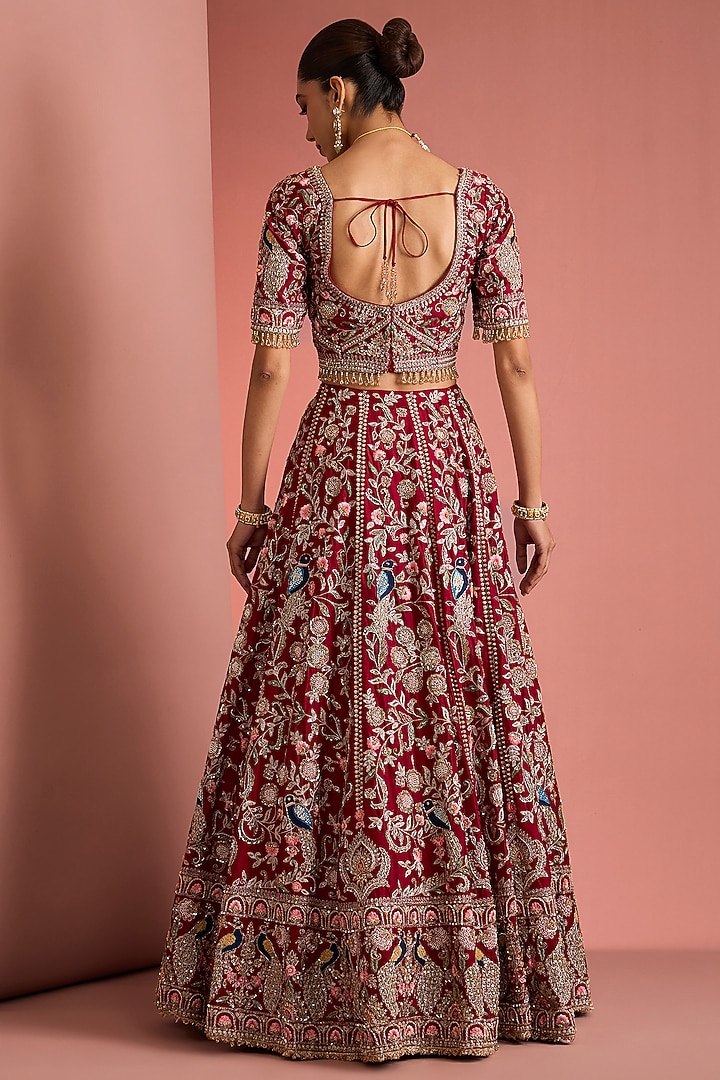 Maroon Viscose Silk Zardosi Embroidered Bridal Lehenga Set by Milu Madan at Pernia's Pop Up Shop