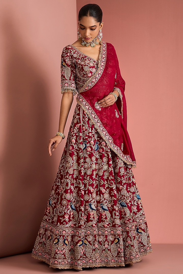 Maroon Viscose Silk Zardosi Embroidered Bridal Lehenga Set by Milu Madan at Pernia's Pop Up Shop
