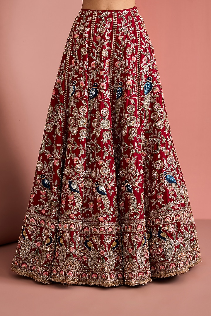 Maroon Viscose Silk Zardosi Embroidered Bridal Lehenga Set by Milu Madan at Pernia's Pop Up Shop