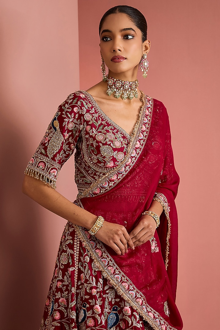 Maroon Viscose Silk Zardosi Embroidered Bridal Lehenga Set by Milu Madan at Pernia's Pop Up Shop