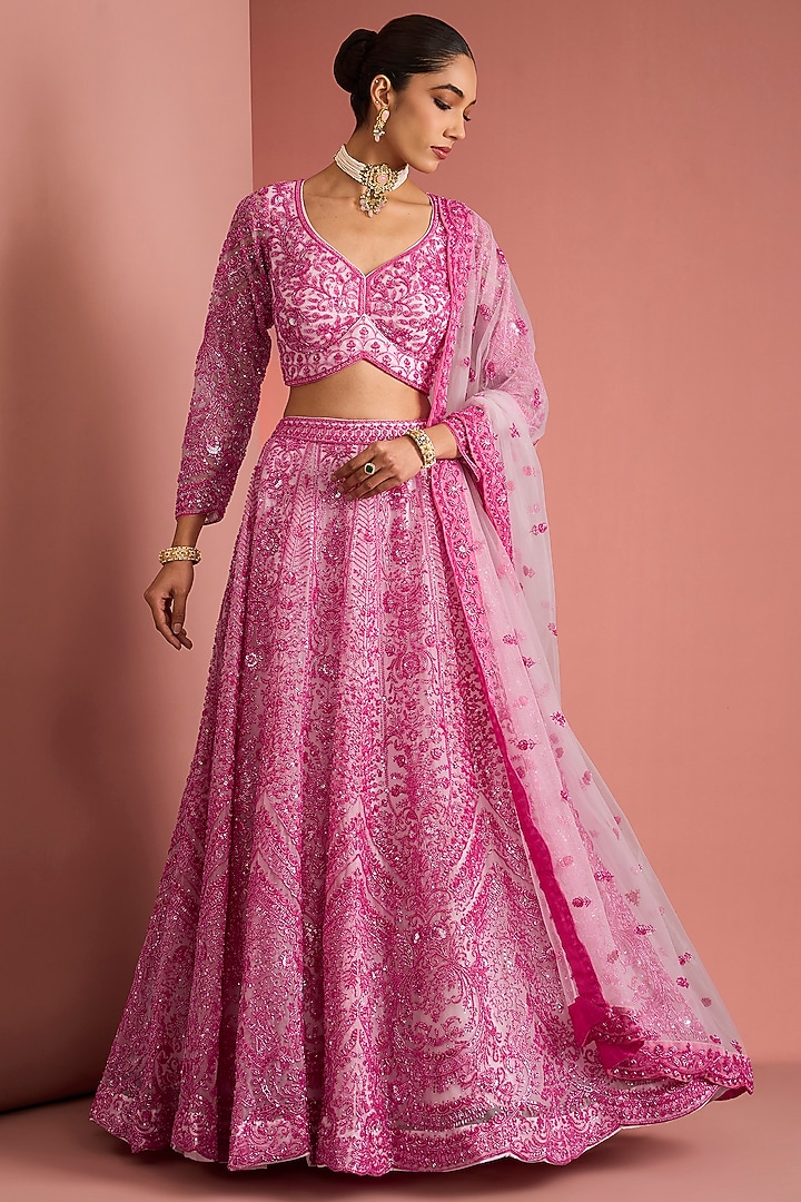 Pink Double Net Cutdana Embroidered Wedding Lehenga Set by Milu Madan at Pernia's Pop Up Shop