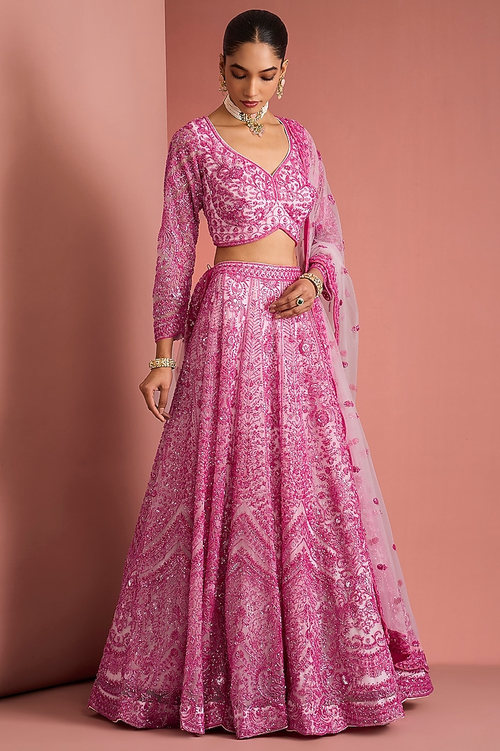 Pink Double Net Cutdana Embroidered Wedding Lehenga Set by Milu Madan at Pernia's Pop Up Shop