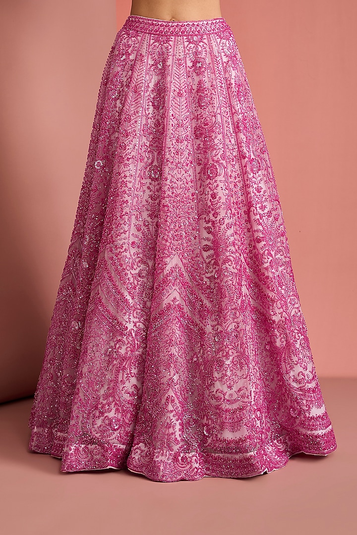 Pink Double Net Cutdana Embroidered Wedding Lehenga Set by Milu Madan at Pernia's Pop Up Shop