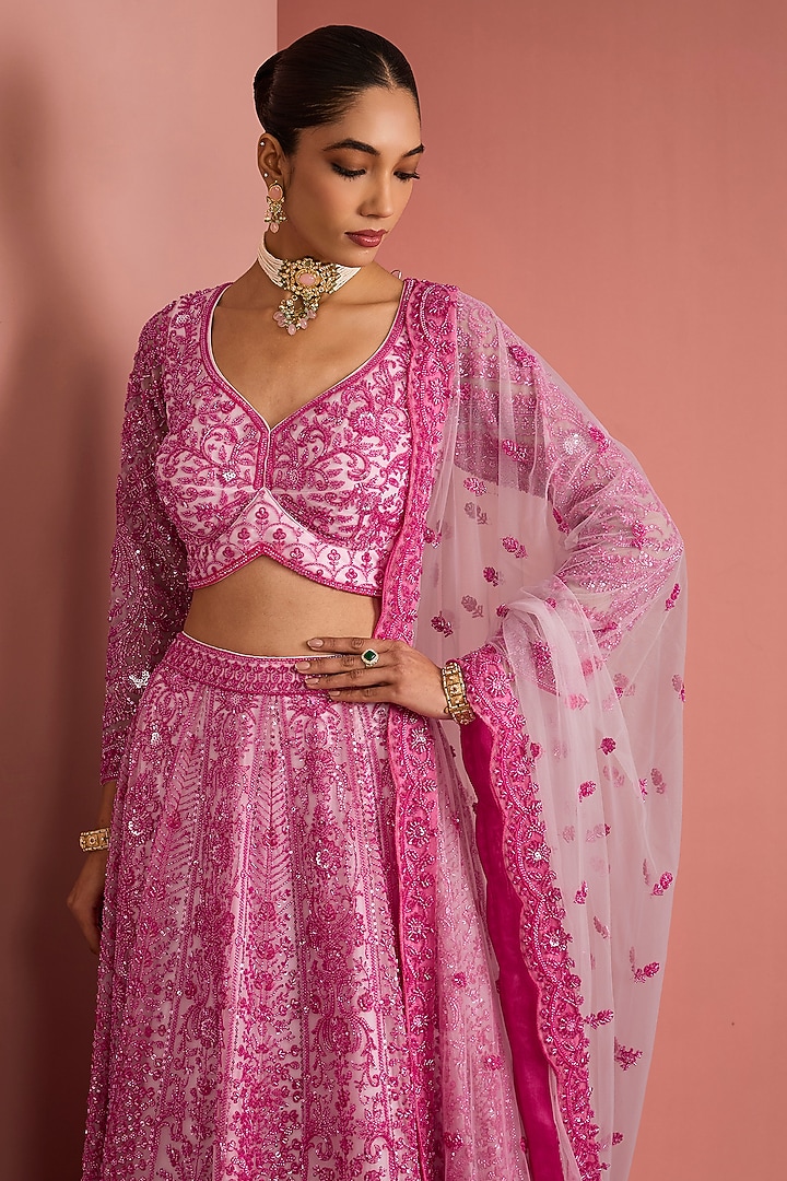 Pink Double Net Cutdana Embroidered Wedding Lehenga Set by Milu Madan at Pernia's Pop Up Shop