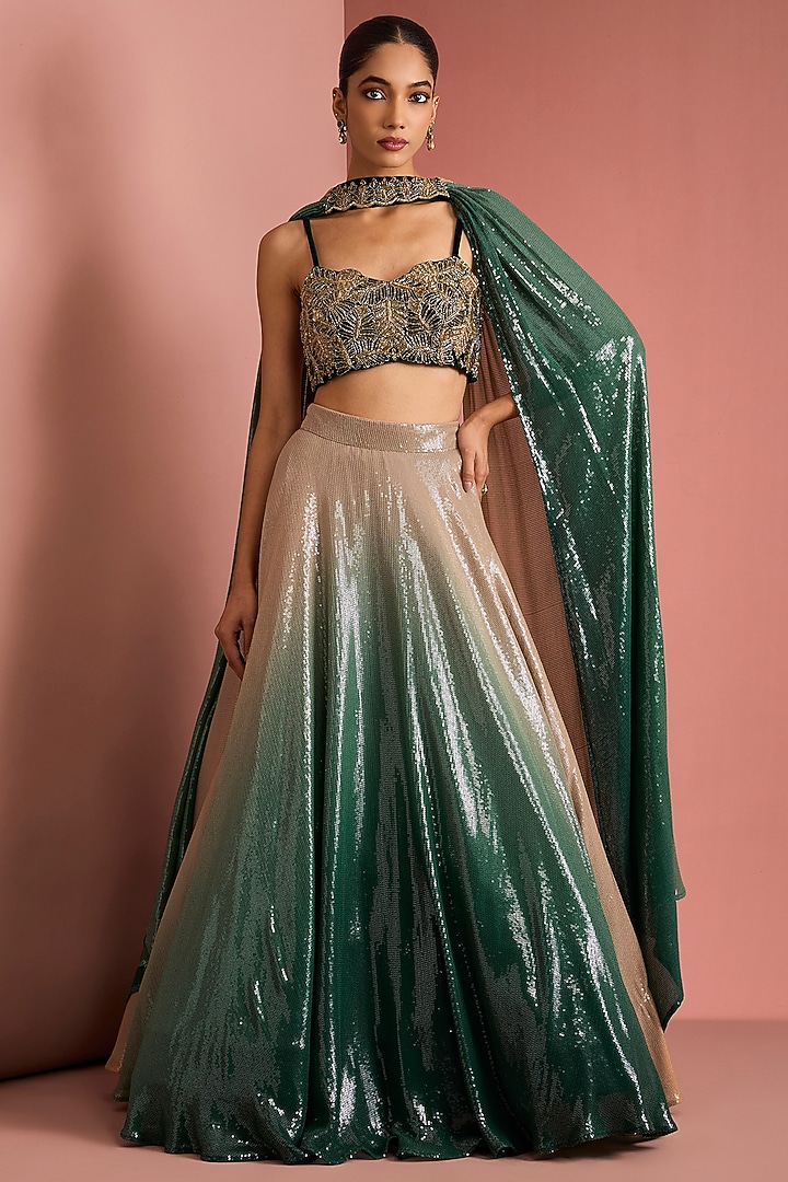 Dark Green-Beige Ombre Viscose Georgette Sequin Wedding Lehenga Set by Milu Madan at Pernia's Pop Up Shop