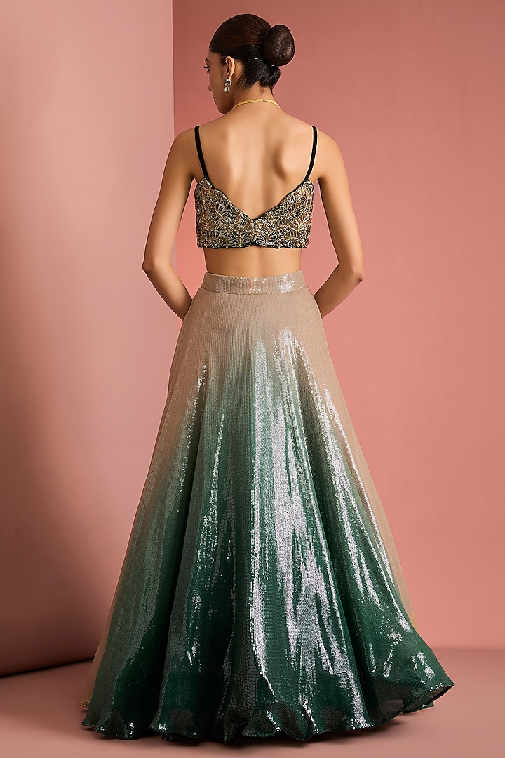 Dark Green-Beige Ombre Viscose Georgette Sequin Wedding Lehenga Set by Milu Madan at Pernia's Pop Up Shop